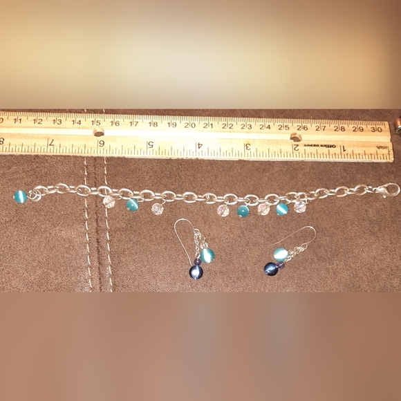 Set bracelet & earrings silvertone cat's eye glass and faceted clear beads - Picture 5 of 9